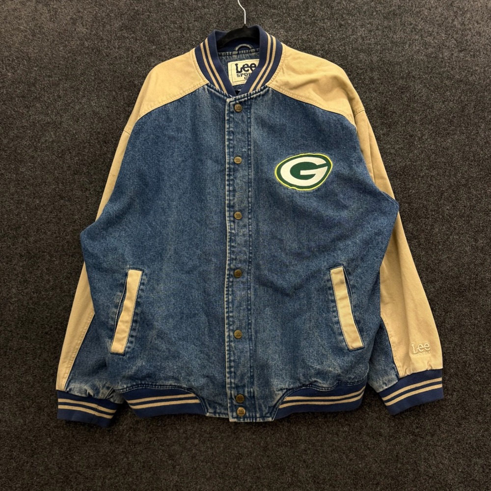 Vintage Lee Sport Green Bay Packers Denim Varsity Jacket Mens XXL Blue Tan L671